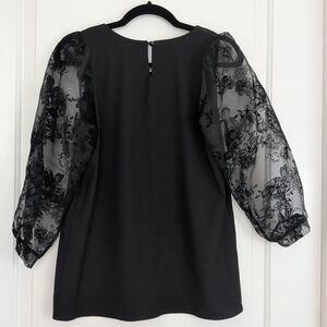Black Top with Sheer Floral Puff Sleeves